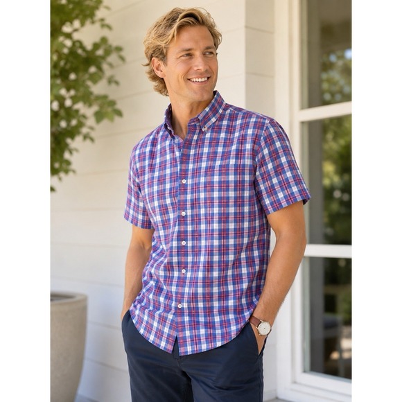 Chaps Other - Chaps Stretch Blue And Pink Plaid Short Sleeve Men's Shirt Sz Large